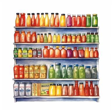 watercolor detailed illustration of Rows of bottled sauces and condiments in a grocery store, clipart, white background