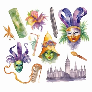 Watercolor Mardi Gras New Orleans, clipart, isolated on white background