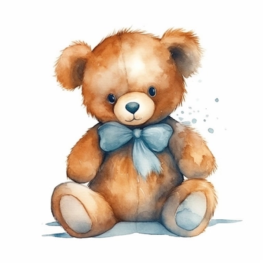 one teddy bear clipart image on a white background, in the style of watercolor illustrations, vintage ephemera, dark beige and dark aquamarine, uhd image, light orange and dark brown, art nouveau decorative, playful cartoons, no watermark, text, 300 DPI , typography, shapes do not stick together, no text in the picture, on a white background