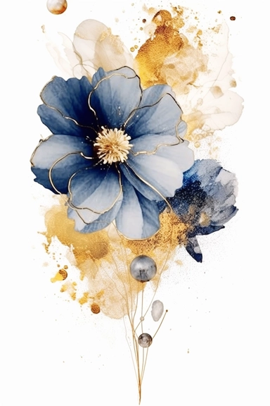 beautiful gorgeous alcohol ink of gold serene nature scene with a central focus on a navy flower. gentle wave , minimalist style, crystals, glam, glossy, glitter texture, liquid ink clipart, modern and stylish design, bright colors, 300 dpi, clear decoration, clear white background, highly detailed digital art, 8k