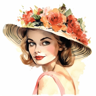 woman in Vintage Fashion, flowers, watercolor, retro, beautiful face, clipart, white background