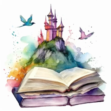 Watercolor Fantasy open Books Clipart with fantasy castlle, birds, the perspective is from a road from forest mistic look, magic colorful admosfere, hight quality white background
