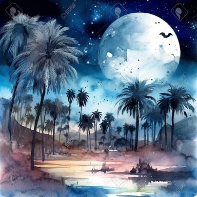 clipart style, watercolor scene of An immersive illustration of an Enigmatic Desert Oasis, featuring a captivating night scene. The moonlight casts a mystical glow on the oasis, surrounded by palm trees swaying in the breeze. Camels graze peacefully nearby, adding to the allure and intrigue of this enigmatic desert setting, HD, on white background