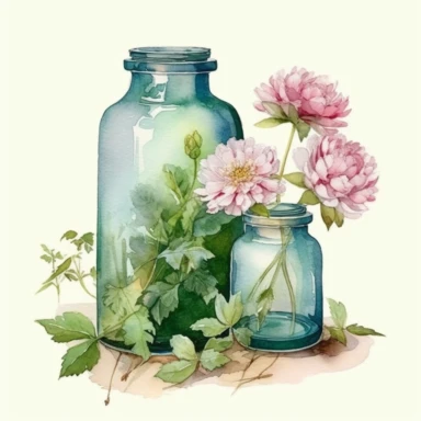 green glass without lid Jars full of flowers ,watercolor, cottage core,peony painted by ann buccarelli,insanely high quality, watercolor , white background, clipart, vintage--q 2
