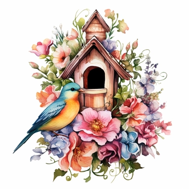 watercolor, hyper realistic, white background, white margins, 16k, ultra detailed clipart, cut out image, hand-drawn a floral birdhouse, inspired by the beauty of nature. The birdhouse should be the focal point of the design, adorned with intricate floral details and elements. The clipart can have a whimsical or rustic feel, evoking a sense of warmth and coziness. Color Scheme: Choose a soft and harmonious color scheme for the clipart. Consider incorporating pastel shades such as light pink, lav