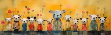 a row of cute miniature lambs, a collage of mixed media art made with tissue paper, magazine and newspaper clippings, oil paint, graphite pencil lines and fabric, in the style of playful surrealism, whimsical, washi tape