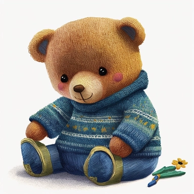 teddy bear wearing blue sweater, in the style of animated gifs, detailed character design, in the style of lively and energetic, aurorapunk, realistic portrayal, childlike innocence, ricoh ff-9d, detailed costumes, soft watercolours , in the style of childlike innocence and charm, animated exuberance, emotive body language, animation, realistic watercolors, white background, clipart