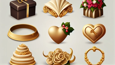 wedding iconography - flowers, cake, rings, hearts, bells etc but need to be matching in art style, clipart, high resolution, , hd, 8k, sharp,