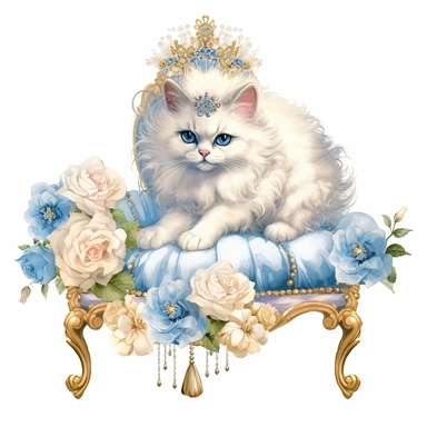 make a clipart of watercolor fairytale white fluffy princess cat with a gold tiara and blue eyes, laying on a blue victorian foot stool, and roses, rococo, shabby chic