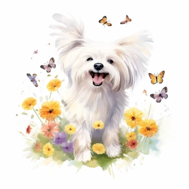 A playful scene of a Maltese dog frolicking in a field of daisies, with its silky white coat shining in the sunlight, surrounded by colorful butterflies, with a white background and watercolor clipart.