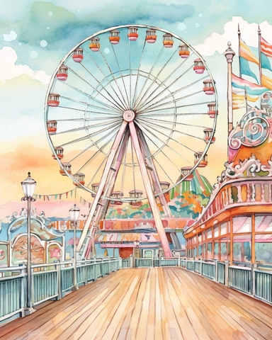 professional high quality clipart design of watercolor and ink New Jersey boardwalk scene with ferris wheel, cotton candy, and art nouveau details, professional clipart, closeup shot, bright pastel color palette of pink, lavender, teal blue, and light orange and pale green, epic composition on white background,