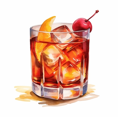 watercolor clipart of a Old Fashioned cocktail in classic glass on the white background ar 2:3