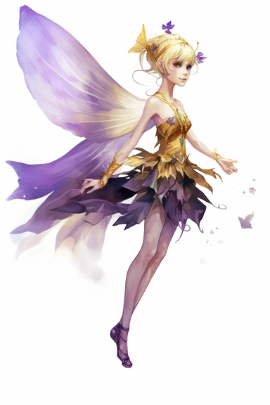 a watercolor of a pixie with butterfly style wing, Victorian Style, gold and purple nuances, vector free clipart illustration, in the style of unreal engine 5, 32k uhd, detailed features, white background