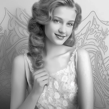 Ladies portrait mixed with colouring book details, white dress, studio light, blurred background, front view, photorealistic, hyper realism art, Face is focus, Sharp details, princess, hyper realism art, shutter speed, Face is focus, Sharp details, simple black and white clip art, Silhouette crisp line coloring page for adults, happy Fantasy Fairy girl on white elegant princess dress, surrounded by tropical flowers and animals,symmetrical head, center of frame, perfect detailed face portrait-fan