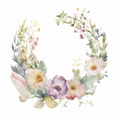 floral crest, delicate flowers, elegant, in the style of watercolor painting, etsy clipart, marriage flower clipart, white background