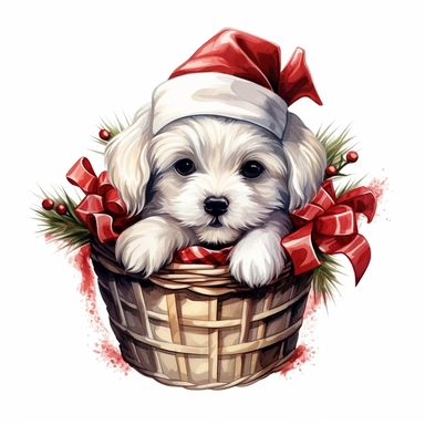 Adorable white happy puppy with a Christmas hat, tongue out, nestled inside luxury decorated Christmas basket, ornamental watercolor clipart
