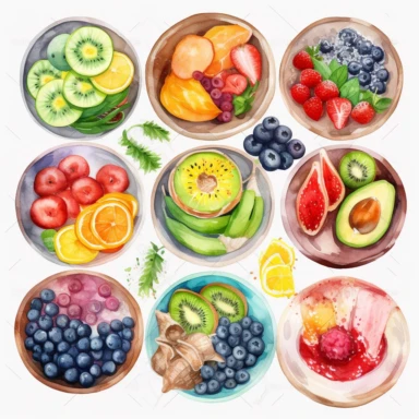prompt watercolor clipart of a collection of various nutritious healthy bowls, presented in a flatlay style with a top-side view on a clean white background. Each bowl should be filled with a visually appealing arrangement of nutritious ingredients, showcasing their vibrant colors and textures. Ensure that the bowls are not overlapping or interacting with each other, maintaining a clear separation between them. Capture the details of each ingredient with delicate watercolor strokes, emphasizing 