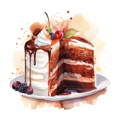 watercolour chocolate cake with cream and decoration, clipart on white background, no watermark, highly detailed, professional color gradation, clean sharpness