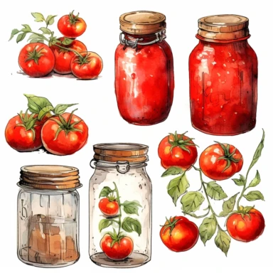 tomato mason jar watercolor clipart & clip art, in the style of light red and dark gray, narrative paneling, classic american cars, uhd image, hand lettering, depiction of rural life, wood