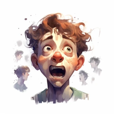 watercolor , illustrations clipart, white background, character emotion sheet, front view , sad, considerate, happy, moved, afraid, unhappy, suprised, shocked, shy, thoughtful, phonics mouth movements, laughing, speaking, one eye closed,