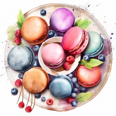 watercolor art realistic macarons in french motives plate, top view, flatlay, clipart, beautiful setting