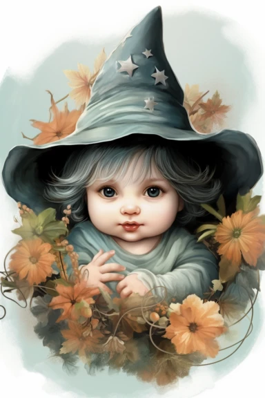 clipart, realistic newborn witch, pastel colors, vintage style