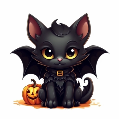 clip art, cute chibi black cat, Halloween, isolated on white background