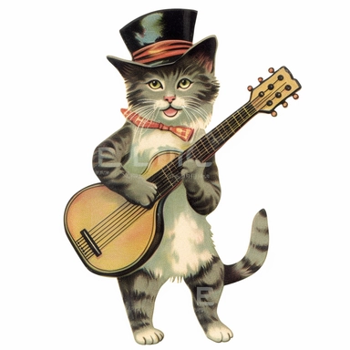 Vintage 1920 Kitten Looking Happy Wearing a Tophat and Playing a Banjo Illustration, Chromolithograph, 1920s Illustration, Vintage, Chromolithograph, Colorful, Antique, Ephemera, Clipart, 8k, Isolated on white