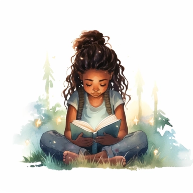Watercolour Black Girl Reading Clipart, braids, forest library, surronded by fireflies, reading in a fort, Girl Studying Clipart, Book Lover , Student Clipart, Reading Png,Bookworm, hd, white background, spaced out, pastel colors, cartoon realism details--ar 3:2