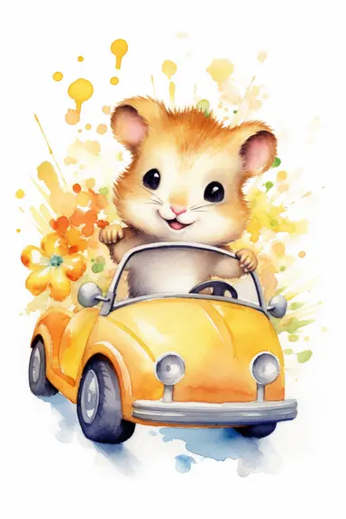 Create a watercolor clipart picture of a hamster driving a car, white background. The hamster should have a cute and happy expression, with its fur depicted in soft watercolor textures. Surround the hamster with small flowers and greenery, adding a whimsical touch to the scene.