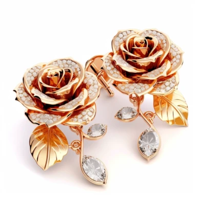 jewellery gold earrings with diamonds and roses digital clipart on white background