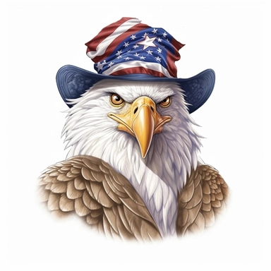 digital clipart, solid white background, a realistic bald flying eagle wearing 4th July apparel