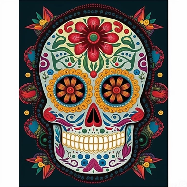 a tropical mexican skull huichol mandala, colorful, funny, white background, clipart, vector