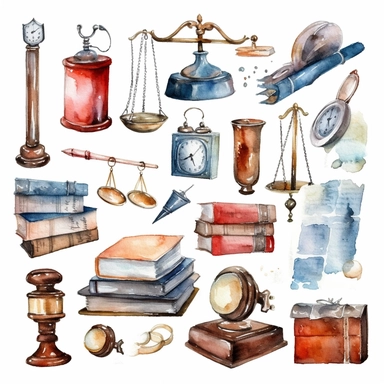 Watercolor law and lawyer related items , illustrations clipart set, simple, christmas colors , cartoon elements, different variants , , separate elements with a margin