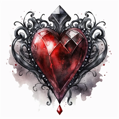a clipart image. a red diamond heart. in a clipart style on a white background. in a gothic oriental fantasy style. black silver and red palette watercolours.