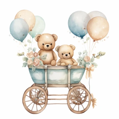 clipart, cute, boho, simple, clean, pastel color baby trolley with vintage bears inside