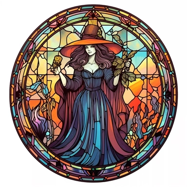 Vintage Colorful Beautiful Stained glass Witch Sublimation Clipart,Cartoon, hyper realistic, intricate detail, illustration style,high solution,on the white background