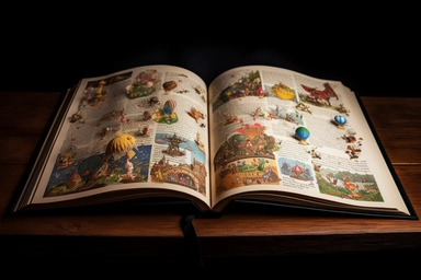 an open hard cover book of stories and adventures on a wooden desk, with the clipart pictures of the stories inside hovering above it, front view, medium shot, against a black background,
