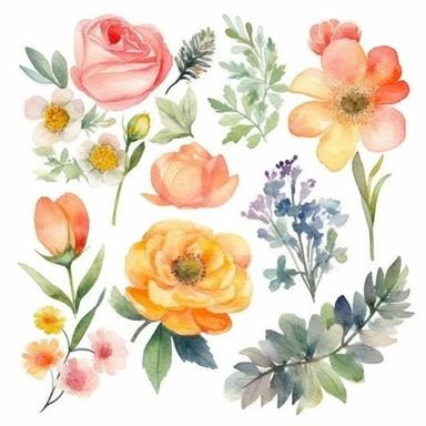 6 watercolor fancy spring clipart, isolated on white background,space out--ar3:2--s1000