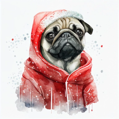 watercolor cute style, cute pug in christmas winter coat, christmas head, smiles, cute, pug in red ears, it's snowing, white background, clipart