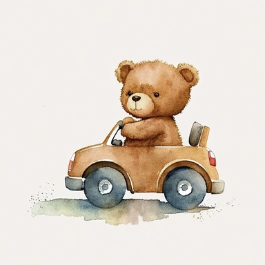 Watercolor brown fluffy jointed plain Teddy Bear clipart, wearing a white t-shirt, driving a toy car, happy, white back ground, no captions or text