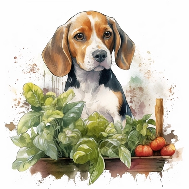 close up high detailed, Hand drawn watercolor clipart of a cute Beagle in a vegetable garden, on a white background