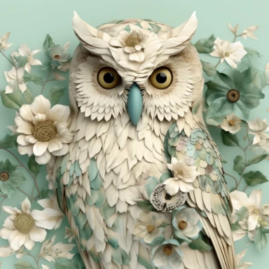 owl, Cream Ivory and jade flowers, Leaves, vintage Pastel Cream Background, Smoke Petals, Maximalist, Hyper Detailed, 3D rendered, 8k polished, Hyper Realistic Intricate details, hyper realistic, intricate detail, painting, shabby chic, clipart