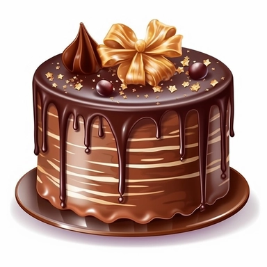 Design a realistic clipart image of a chocolate birthday cake. Depict the cake with smooth ganache, chocolate shavings, and decorative chocolate accents.