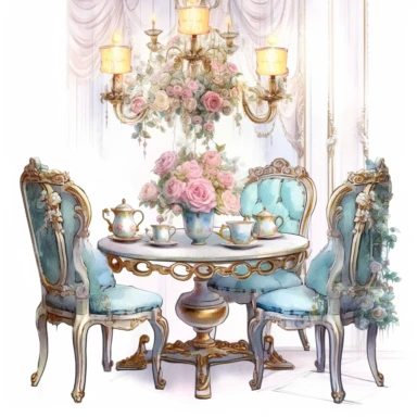 Make a clipart of a fairytale watercolor french country kitchen table, rococo, with bright pastel colors of blues and green, pink roses, gold accents, black outlines, hd, white background