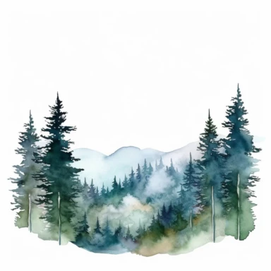 misty mountains in the distance, tall forest trees, watercolor clipart, bright colors, minimalist, isolated white background, 8k