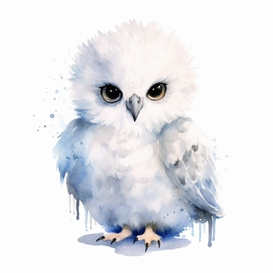 cute baby arctic snowy owl, watercolor clipart, minimalist,white background,