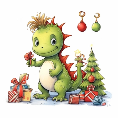 Christmas tree with toys, cute funny avocado green dragon, red cardigan, snow, winter, style by Lusy Fleming, folk art, watercolor, clipart elements, smooth gradients, black contour outline, ultra detailed, white background, super clear, high quality