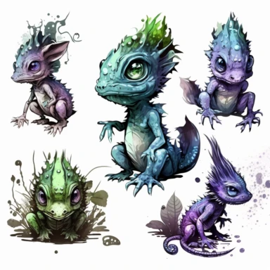 ink wash cute creature clipart on transparent background, rodney matthews style, no splash, black inky blue purple violet green, single sheet, 4k