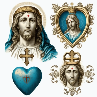 italian catholic imagery, icons, sacred heart, jesus, shroud, holy relics, handpainted, clip art sheet, blue accents, on white background